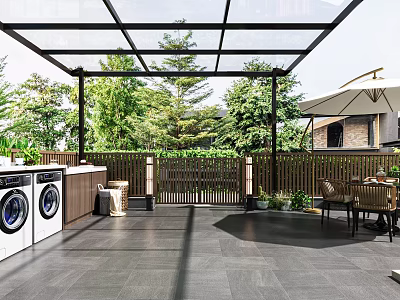 Modern Garden Patio With Glass Canopy Washing Machines Wooden Fence And Green Plants 3d model