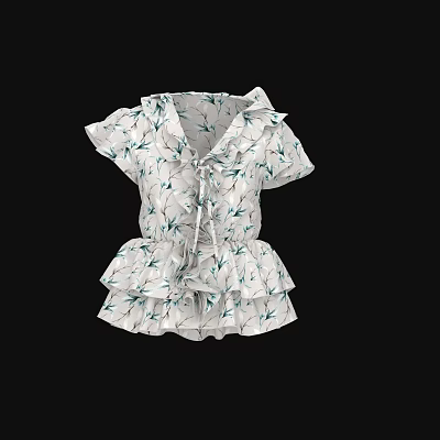 Women's Ruffled Short Sleeve Top With Tie Front Floral Print And Ruffle Hem Details 3d model