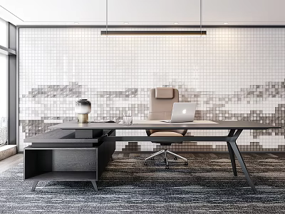 Modern Black Work Desk With Beige Chair Laptop Table Lamp And Mosaic Tile Wall 3d model