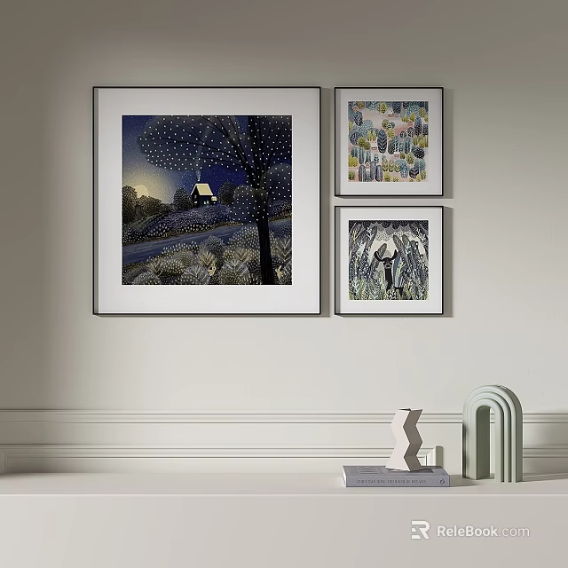 Stylish Wall Decor With Three Framed Artworks And Decorative Sculptures 3d model 