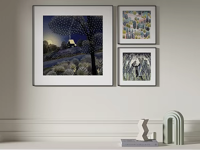 Stylish Wall Decor With Three Framed Artworks And Decorative Sculptures 3d model