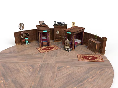 Vintage Wooden Furniture Collection with Table Cabinet Chair Drawer Units and Rugs in Room Interior 3d model