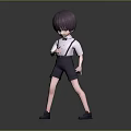 3D Character Model With Purple Short Hair White Shirt Black Suspender Shorts Standing Pose