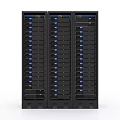 Black Server Rack With Multiple Server Units And Blue Indicator Lights