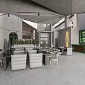 Modern Concrete Café Interior With Open Space Green Bar Counter White Seating And Hanging Lights