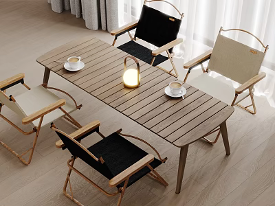Outdoor Table With Four Chairs Two Black Two Beige Coffee Cups And Table Lamp 3d model
