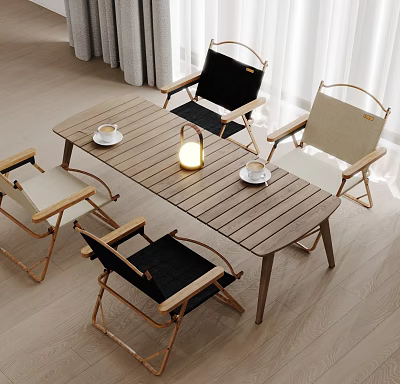 Outdoor Table With Four Chairs Two Black Two Beige Coffee Cups And Table Lamp 3d model