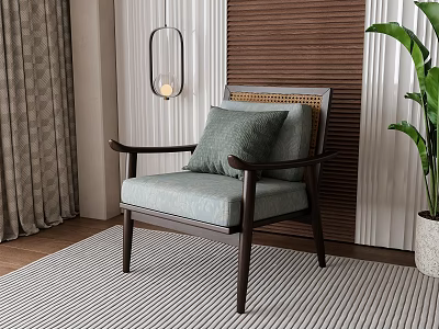 Elegant Lounge Chair with Soft Cushion Woven Back Wooden Armrest Green Plant on Striped Rug 3d model