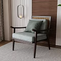 Elegant Lounge Chair with Soft Cushion Woven Back Wooden Armrest Green Plant on Striped Rug