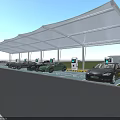 Covered Parking Lot With Electric Vehicle Charging Stations And Multiple Parked Cars