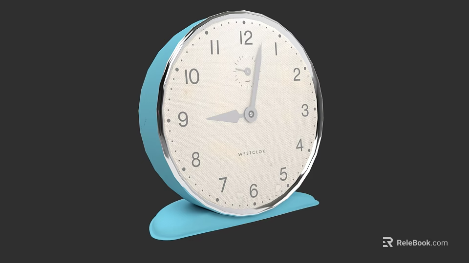 Blue Cased Alarm Clock With White Dial Black Numbers Gray Hands And Meteor Logo 3d model 