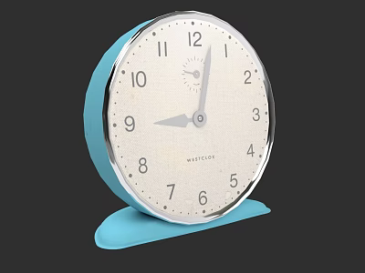 Blue Cased Alarm Clock With White Dial Black Numbers Gray Hands And Meteor Logo 3d model