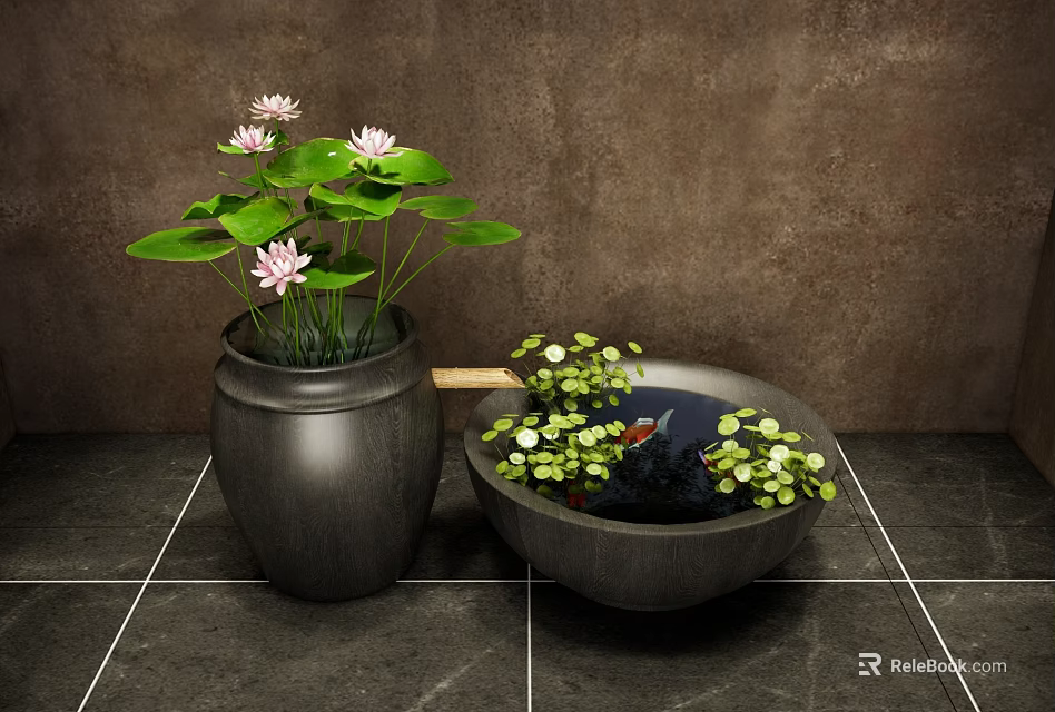 Courtyard Garden Design With Ceramic Pot Lotus Flowers Lily Pads And Goldfish Basin 3d model 