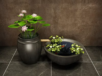 Courtyard Garden Design With Ceramic Pot Lotus Flowers Lily Pads And Goldfish Basin 3d model