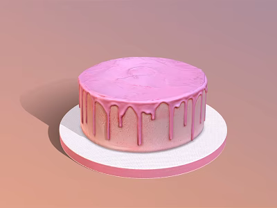 Smooth Pink Cake with Dripping Frosting on White Round Plate Stand 3d model