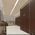 Modern Spacious Public Toilet With Wooden Stalls And Bright Ceiling Lights And Glossy Clean Floor