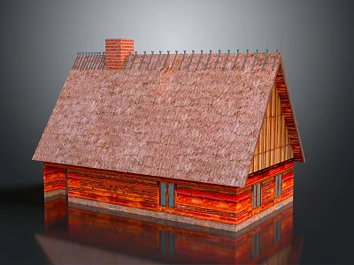Traditional Rustic Wooden House With Thatch Roof Brick Chimney And Small Windows 3d model