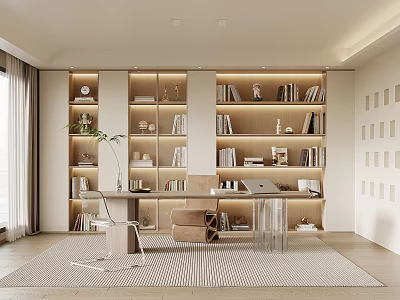 Modern Home Office Interior Design With Wooden Bookshelves Desk Laptop And Green Plant 3d model