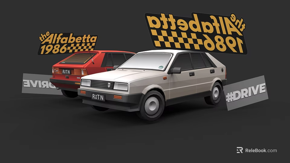 Vintage Alfabetta 1986 Red And Silver Cars With Checkerboard Flags Design 3d model 