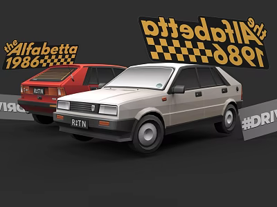 Vintage Alfabetta 1986 Red And Silver Cars With Checkerboard Flags Design 3d model