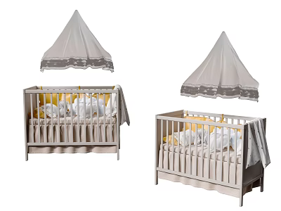 Light Colored Baby Cribs With Lace Canopy And Yellow White Bedding 3d model