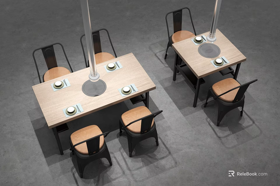 Wooden Dining Table And Chair Combination With Black Frames Brown Seats And Round Metal Plates 3d model 