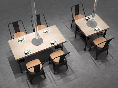 Wooden Dining Table And Chair Combination With Black Frames Brown Seats And Round Metal Plates 3d model