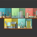 Cartoon Style Colorful Multi Room Model With Kitchen Living Room Bedroom And Decorative Furniture