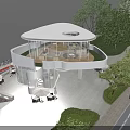 Modern Waterfront Library Building With Spiral Staircase Glass Curtain Walls Outdoor Seating and Greenery