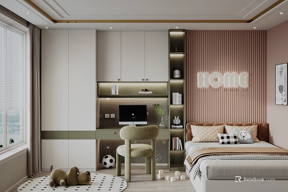 Modern Tatami Bedroom Interior Design With Tatami Bed Desk Bookshelves And HOME Decor 3d model 