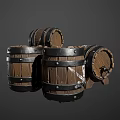 Decorative Wooden Barrel Ornament Set with Black Hoops and Wood Grain Design