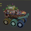 Vintage Steam Powered Water Vehicle With Large Wheels And Red Cargo Storage Boxes