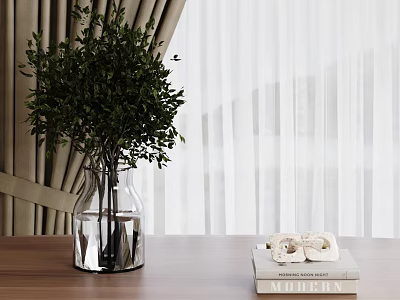 Transparent Glass Vase with Fresh Greenery on Wooden Table with Sheer Curtains and Books 3d model