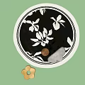 Stylish Round Area Rug With White Floral Pattern On Black Background And White Border