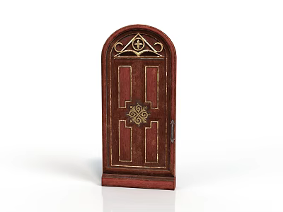 Dark Red Wooden Door With Arched Top Golden Ornate Patterns And Handle 3d model