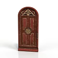 Dark Red Wooden Door With Arched Top Golden Ornate Patterns And Handle