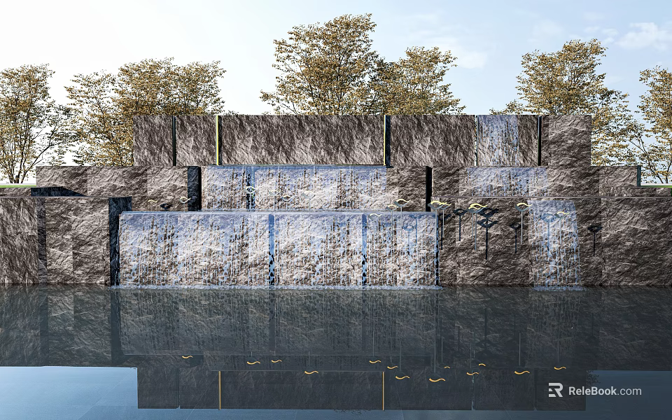 Stone Waterfall Feature Wall with Flowing Water Reflections and Green Trees Background 3d model