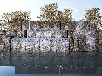 Stone Waterfall Feature Wall with Flowing Water Reflections and Green Trees Background 3d model