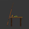 Wooden Table With Orange Umbrella Structure And Green Cup Glasses Scissors Ruler