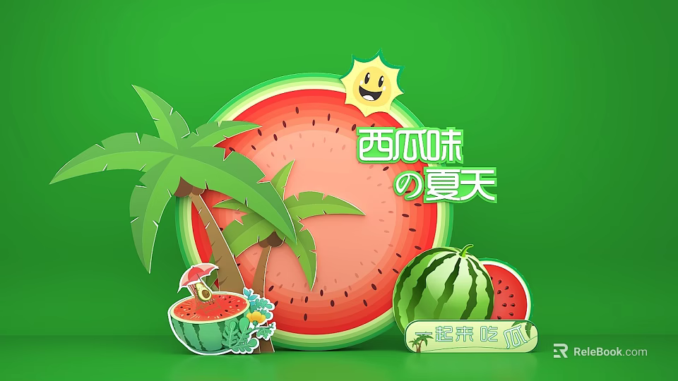 Watermelon Flavor Summer with Palm Tree Sun and Refreshing Slices 3d model