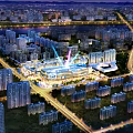 Bird's Eye View Urban Planning with Residential Buildings Commercial Center River Roads and Green Spaces