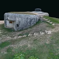 Old Concrete Bunker Structure With Grass Covered Roof Yellow Door And Round Markers