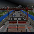 Road Infrastructure Construction at Urban Site With Red Crane Structure and Blue Barriers