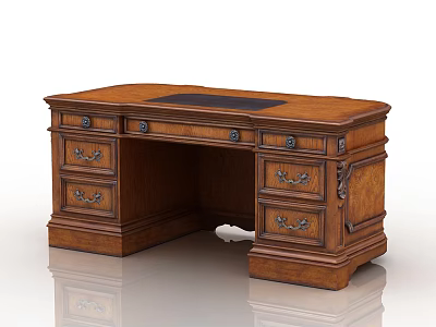 Traditional Wooden Office Desk with Carved Drawers and Ornate Design Details 3d model