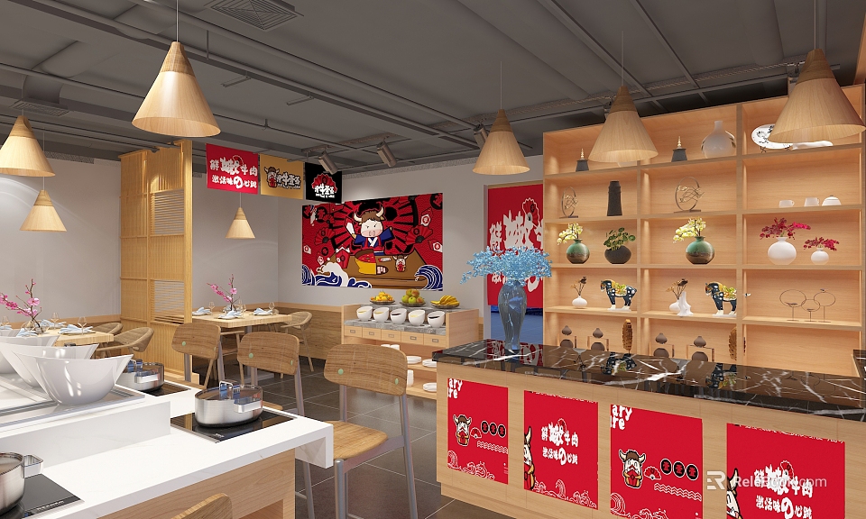 Traditional Chinese Hotpot Restaurant Interior With Wooden Tables Red Decor And Ceramic Ornaments 3d model 