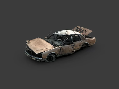 Abandoned Rusted Car With Damaged Body Open Hood And Broken Doors 3d model
