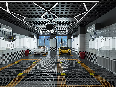 Modern 4S Car Dealership Showroom With White Yellow Cars Checkerboard Floor And Geometric Lighting 3d model