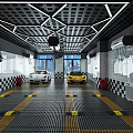 Modern 4S Car Dealership Showroom With White Yellow Cars Checkerboard Floor And Geometric Lighting