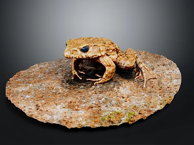 Brown Toad With Rough Skin And Black Eyes On Spotted Stone Against Dark Background 3d model