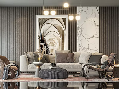 Modern Sofa and Coffee Table Set with Plush Cushions Wooden Wall and Pendant Lights 3d model